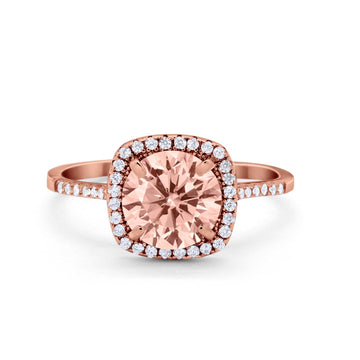 Halo Wedding Engagement Ring Round Rose Tone, Simulated Morganite CZ 925 Sterling Silver